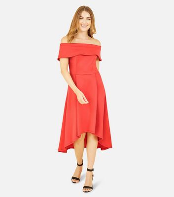 Mela Red Bardot Dip Hem Midi Dress New Look