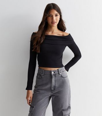 Black Ribbed Jersey Bardot Top New Look