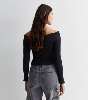 Black Ribbed Jersey Bardot Top New Look