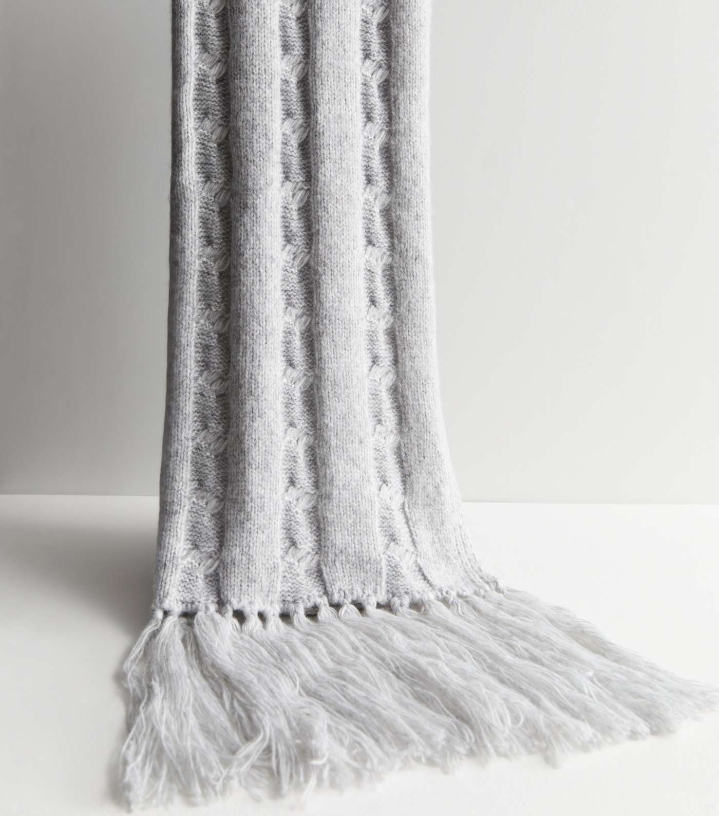 Pale Grey Chunky Knit Oversized Tassel Scarf Image 2