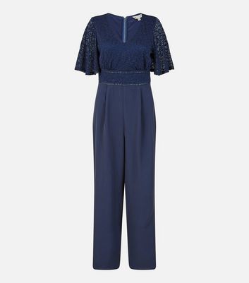 Yumi Navy Lace Trim Wide Leg Jumpsuit | New Look