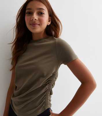 Girls Olive Ruched Side T-Shirt