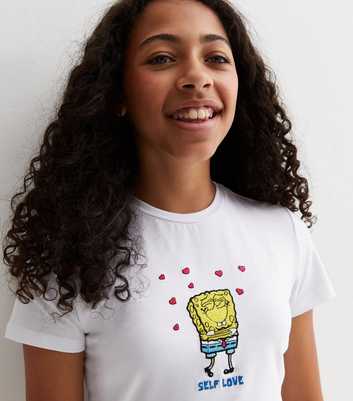 Girls White Spongebob Self Love Logo T-Shirt