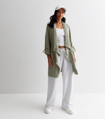Petite Olive Waterfall Duster Coat New Look