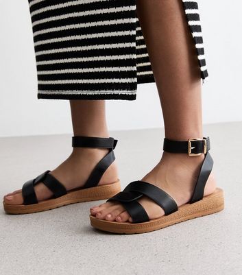 Wide Fit Black Leather-Look 2 Part Footbed Sandals | New Look