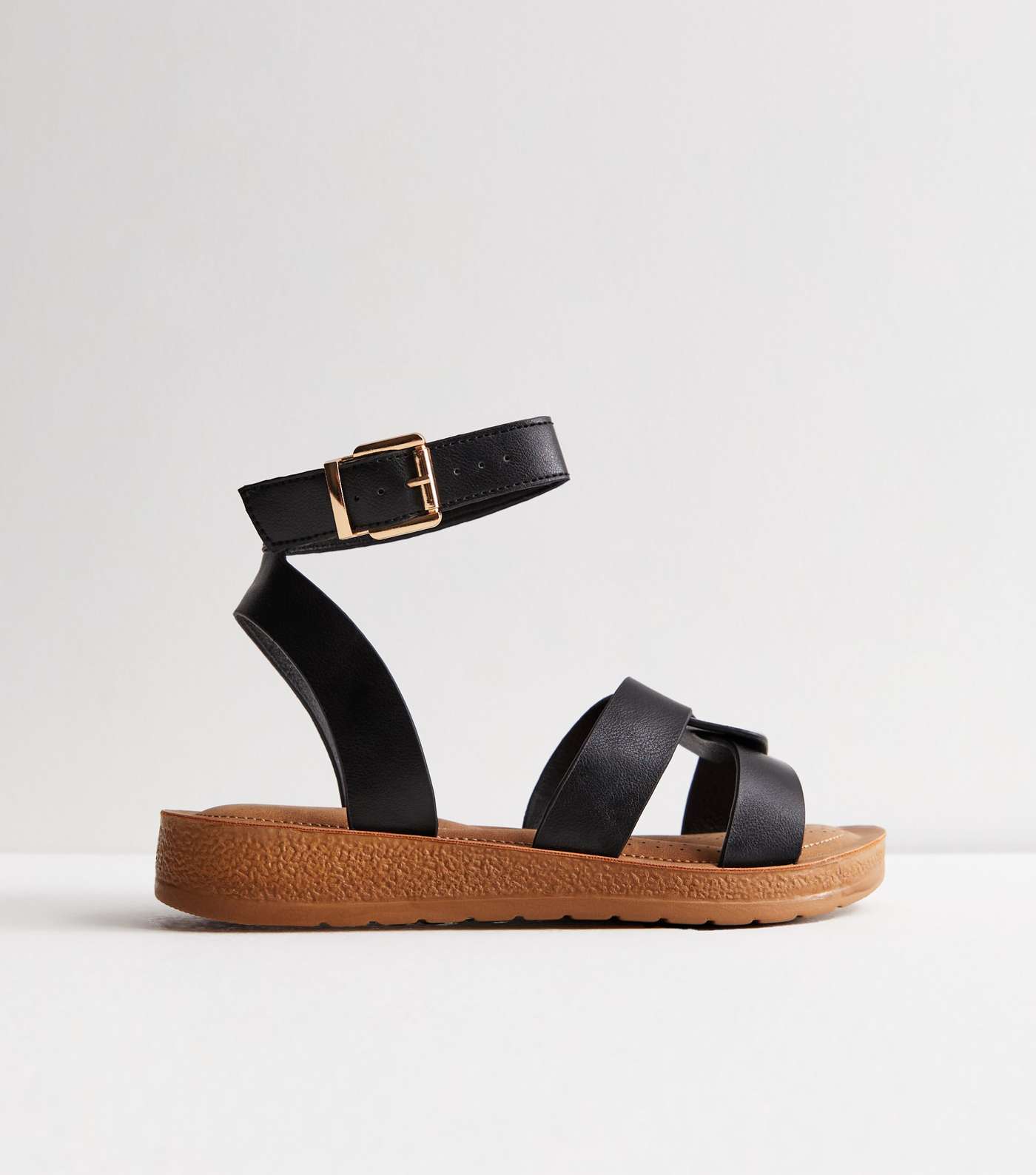 Wide Fit Black Leather-Look 2 Part Footbed Sandals Image 2