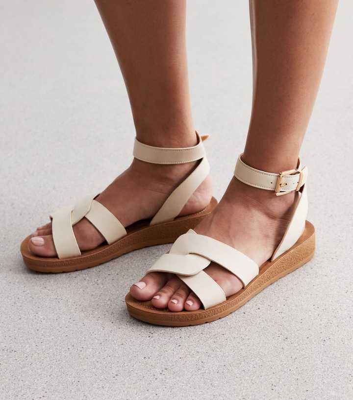 Wide Fit Off White Leather-Look 2 Part Footbed Sandals