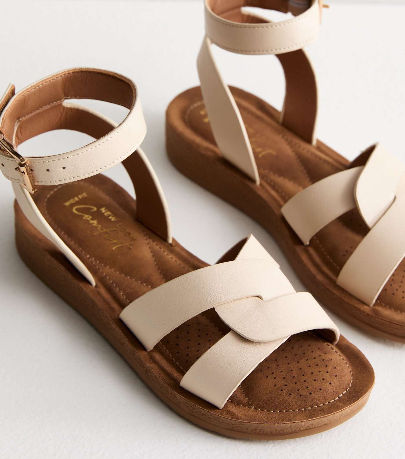 Wide Fit Off White Leather-Look 2 Part Footbed Sandals Image 3