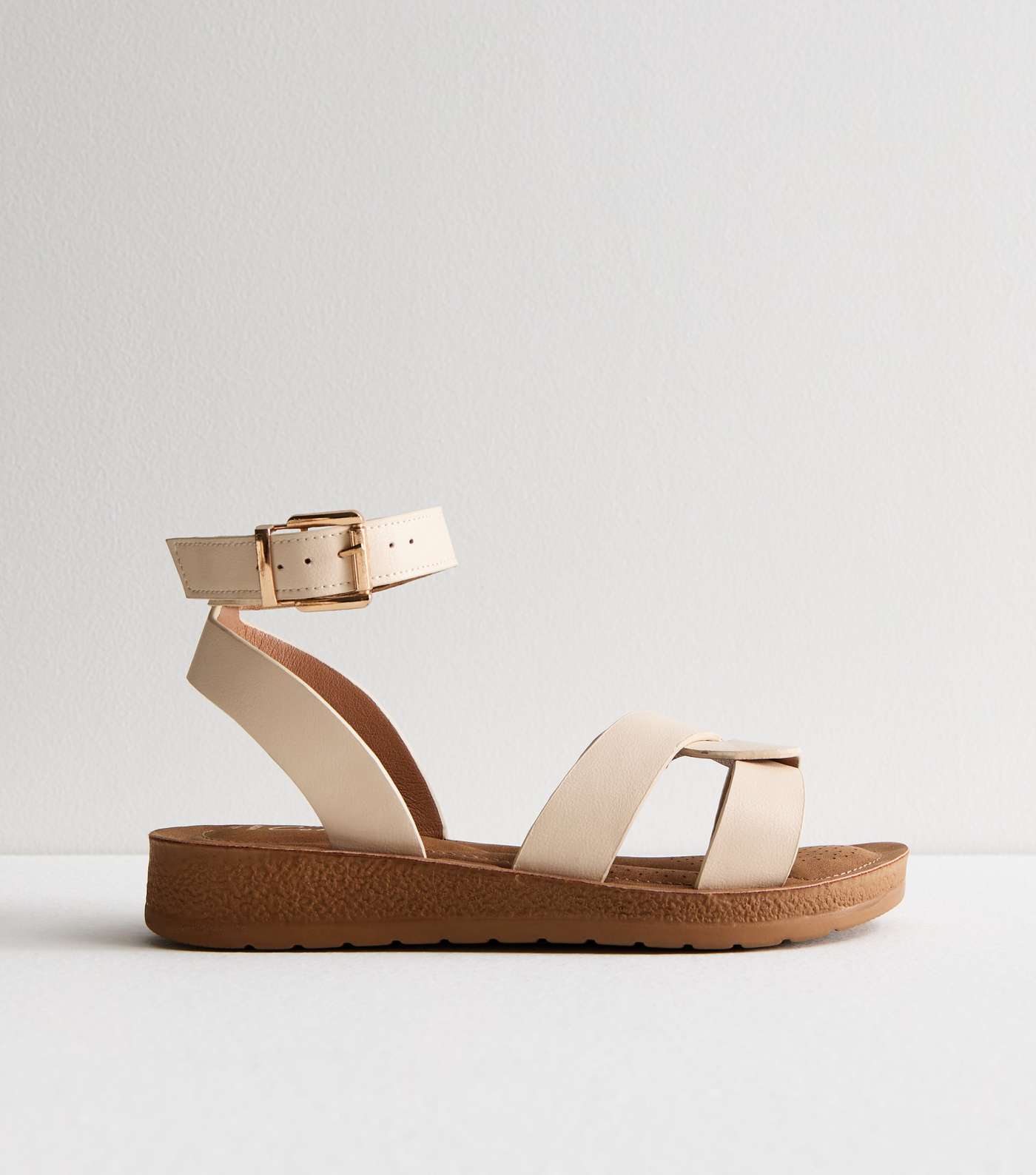 Wide Fit Off White Leather-Look 2 Part Footbed Sandals Image 5