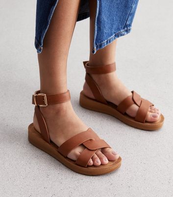 Wide Fit Tan Leather-Look 2 Part Footbed Sandals New Look