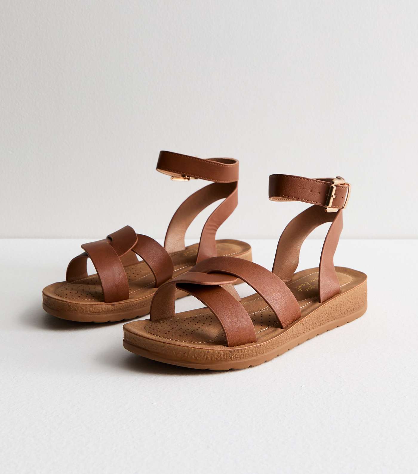 Wide Fit Tan Leather-Look 2 Part Footbed Sandals Image 2