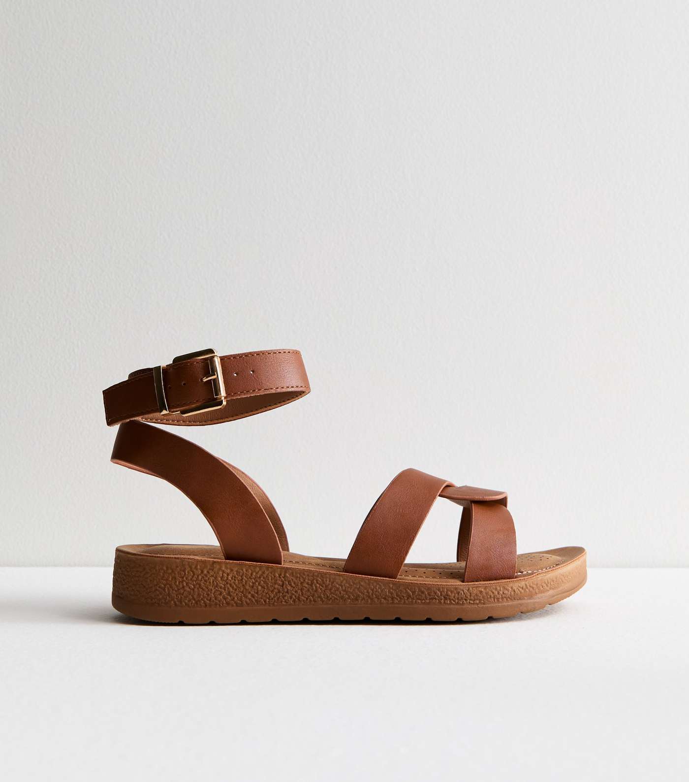 Wide Fit Tan Leather-Look 2 Part Footbed Sandals Image 4