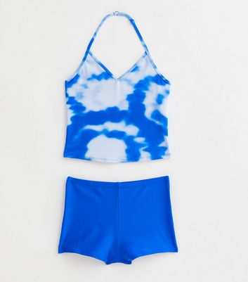 Girls Blue Tie Dye Print Halter Tankini Set New Look