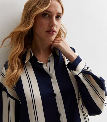 Blue Pattern Striped High Low Satin Shirt New Look