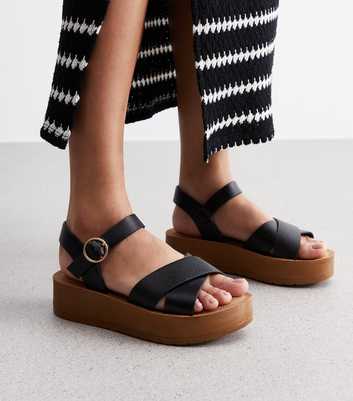 Wide Fit Black Cross Strap Flatform Sandals