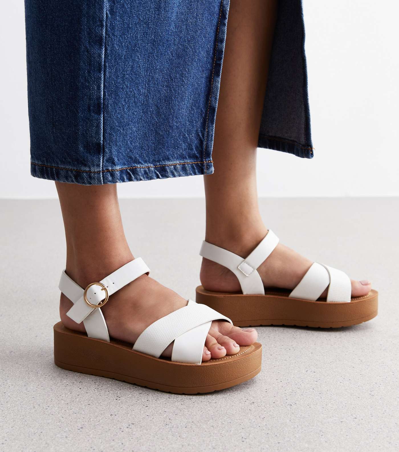 Wide Fit White Leather-Look Flatform Sandals Image 2