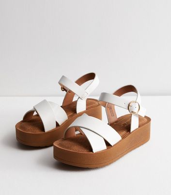 Wide Fit White Leather-Look Flatform Sandals New Look