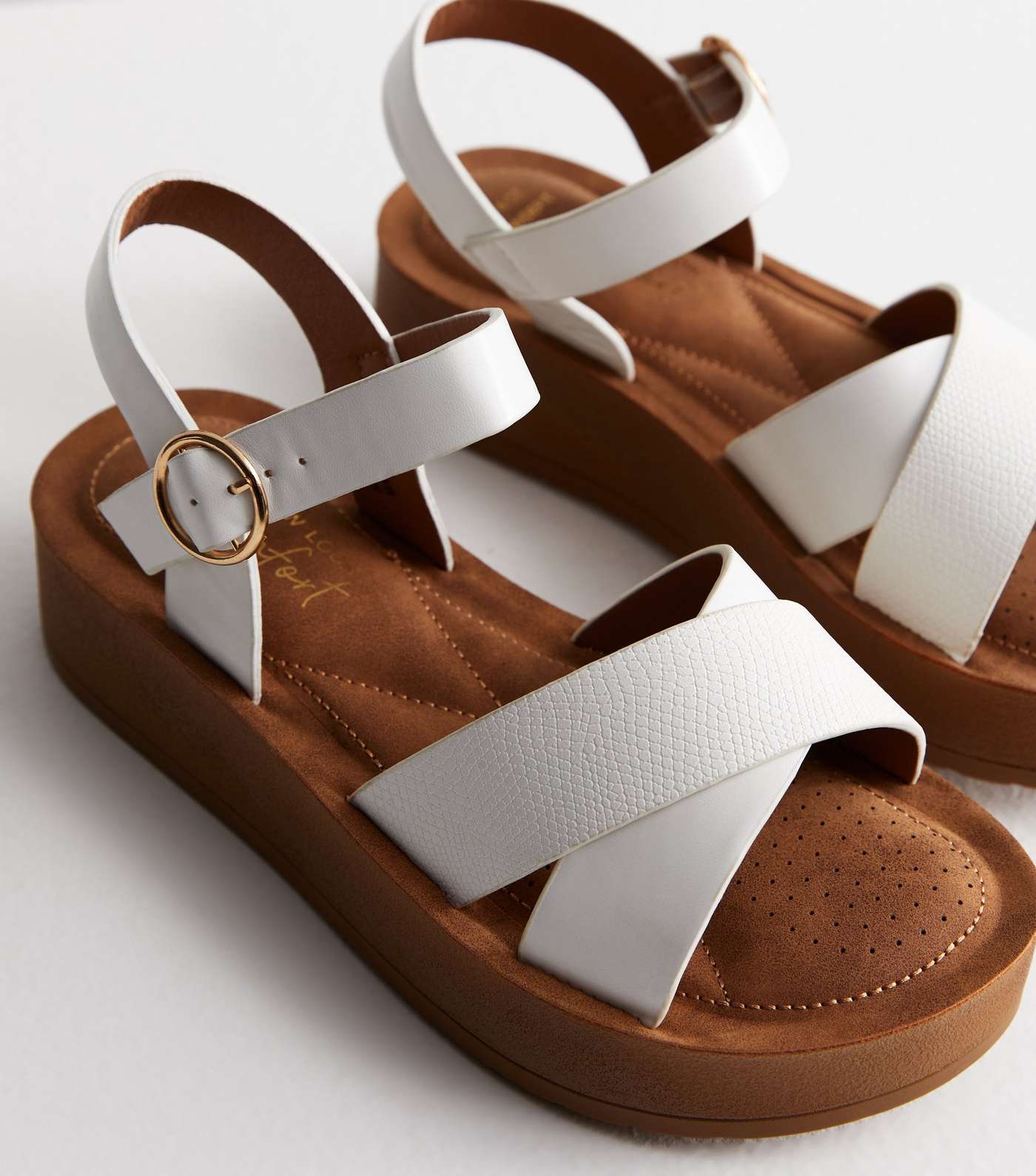 Wide Fit White Leather-Look Flatform Sandals Image 4