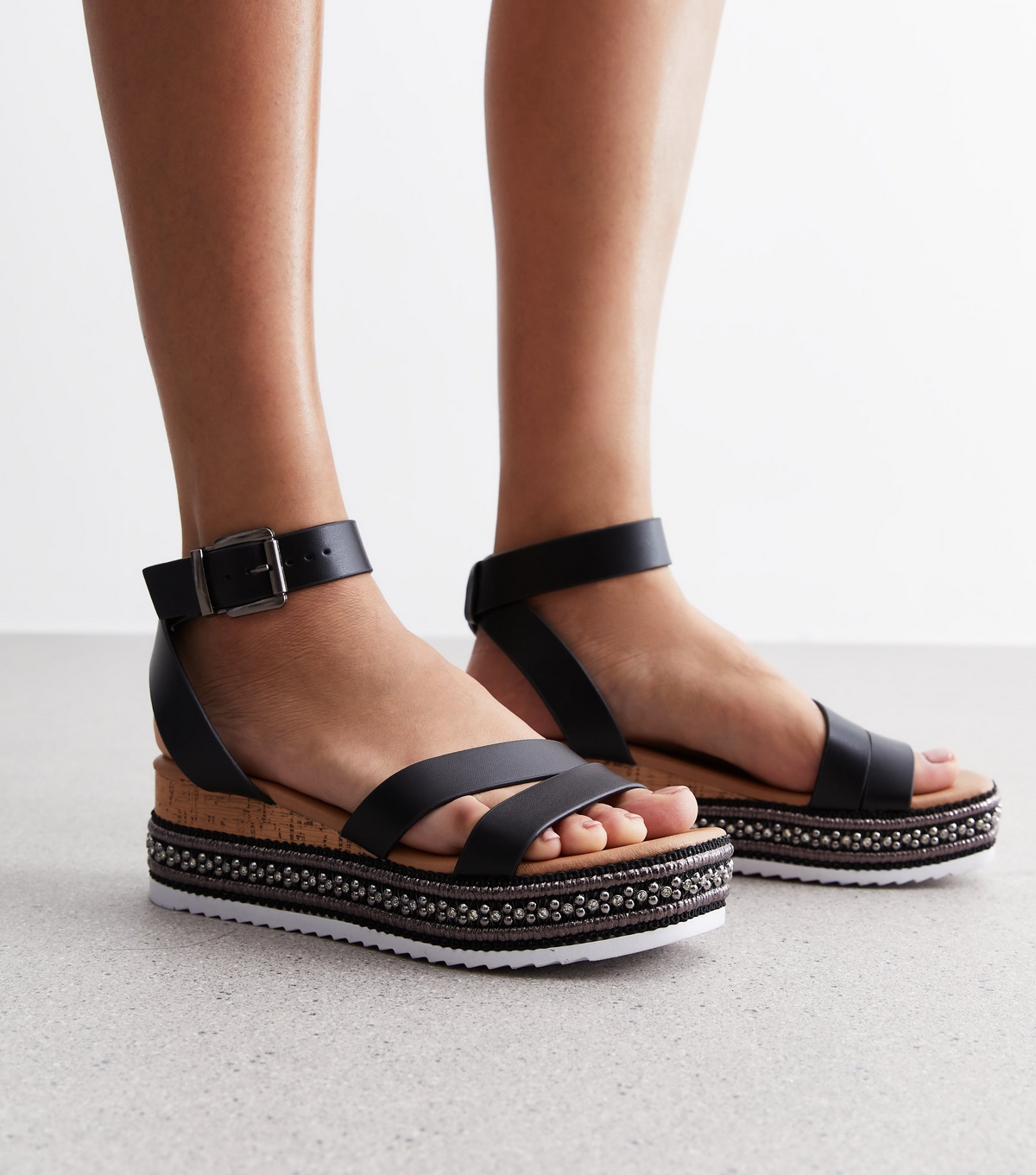 Women's Black Leather-Look Embellished Flatform Sandals New Look