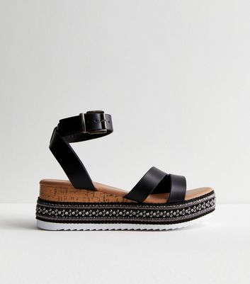 Black Leather Look Embellished Flatform Sandals New Look