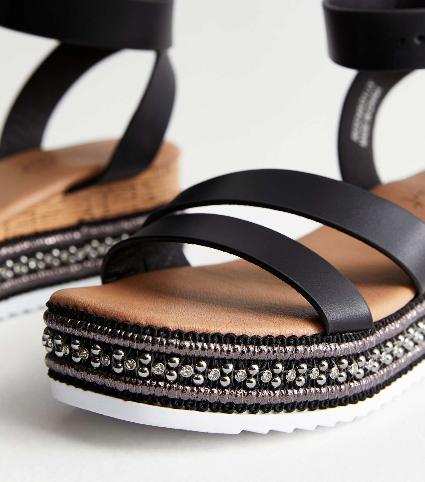 Black Leather-Look Embellished Flatform Sandals Image 5