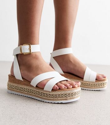 White Leather Look Embellished Flatform Sandals New Look