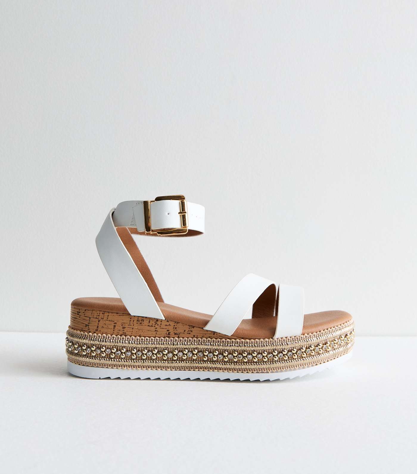 White Leather-Look Embellished Flatform Sandals Image 2