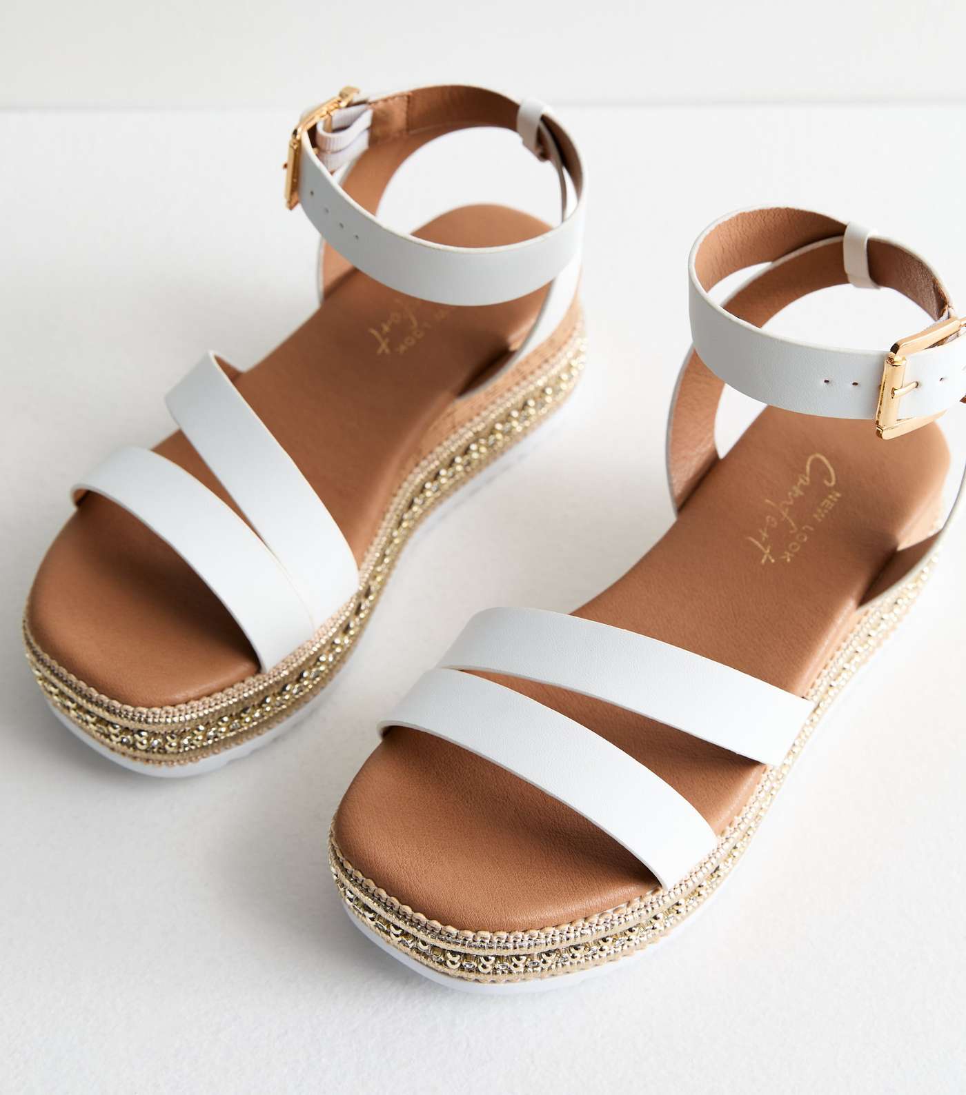 White Leather-Look Embellished Flatform Sandals Image 4