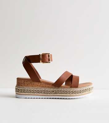 Tan Leather-Look Embellished Flatform Sandals