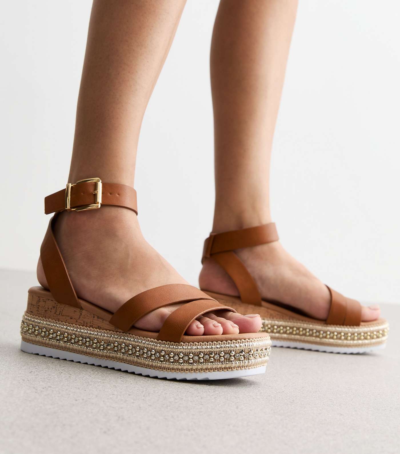 Tan Leather-Look Embellished Flatform Sandals Image 2