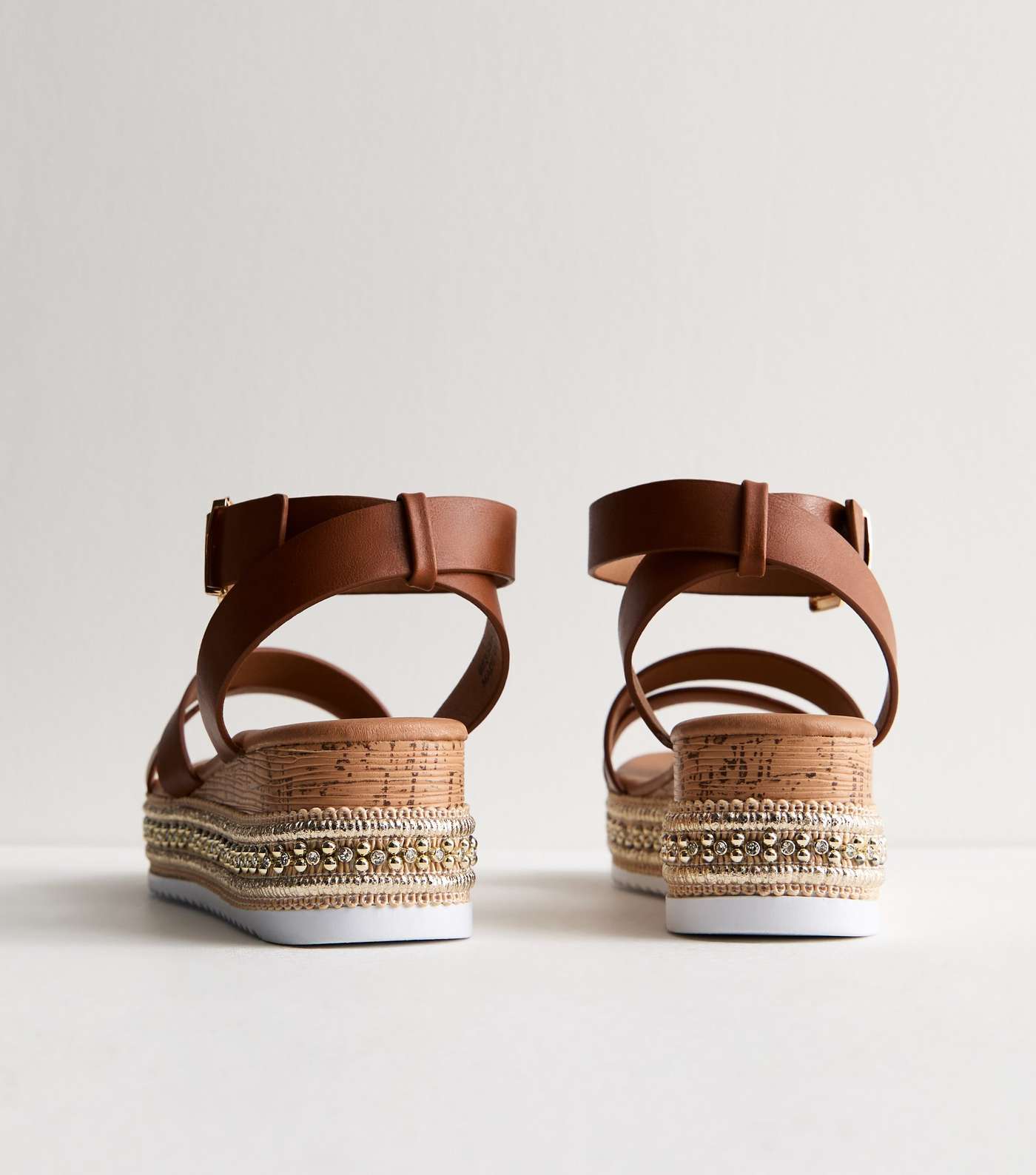 Tan Leather-Look Embellished Flatform Sandals Image 4