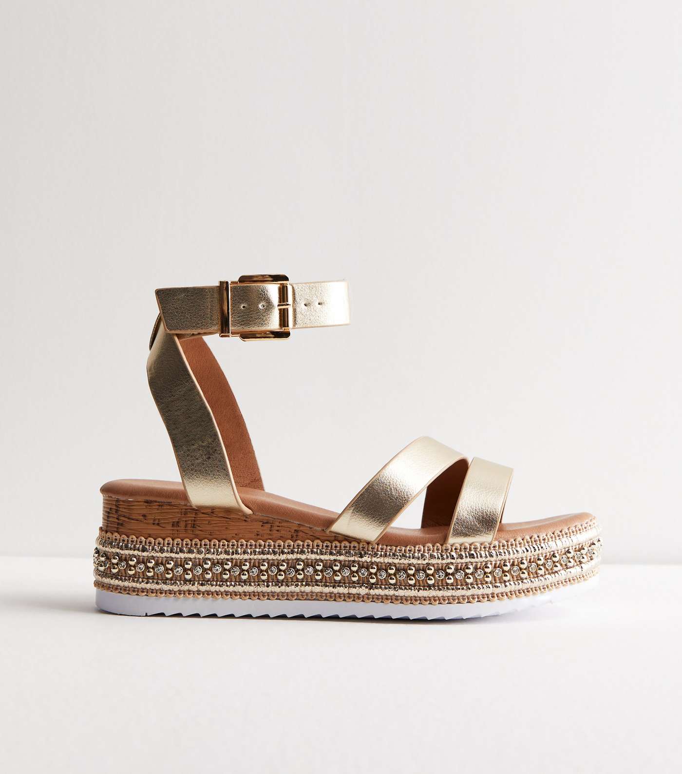 Gold Leather-Look Embellished Flatform Sandals