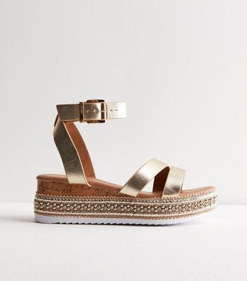 Gold Leather Look Embellished Flatform Sandals New Look