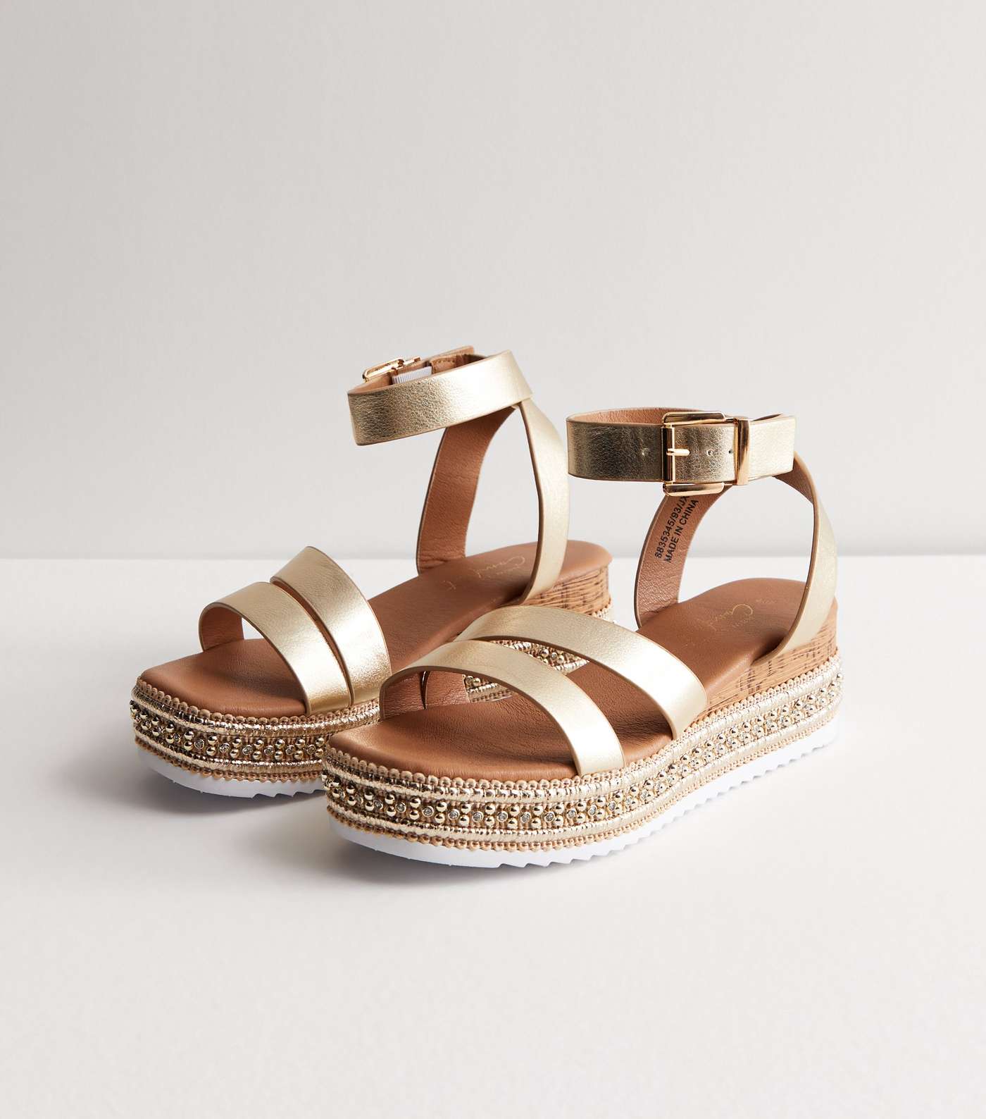 Gold Leather-Look Embellished Flatform Sandals Image 3