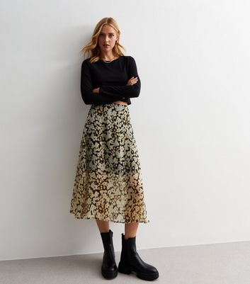 Black Floral Chiffon Midi Skirt New Look