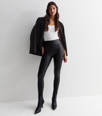 Cameo Rose Black Leather-Look Ribbed Panel Leggings New Look