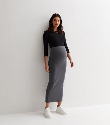Maternity Dark Grey Ribbed Bodycon Midi Skirt New Look