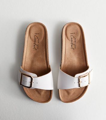 Wide Fit White Leather-Look Buckle Sliders New Look