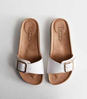 Wide Fit White Leather-Look Buckle Sliders