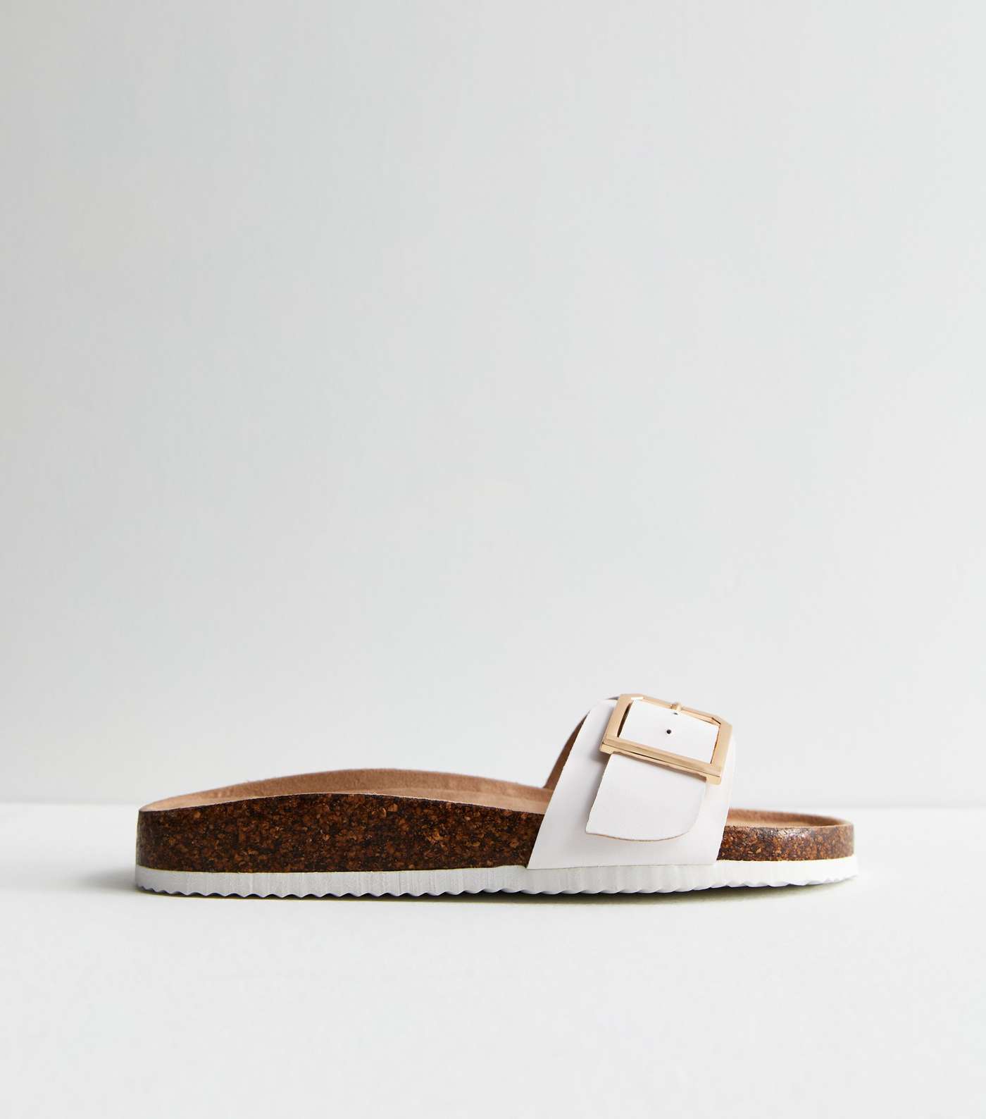 Wide Fit White Leather-Look Buckle Sliders Image 3