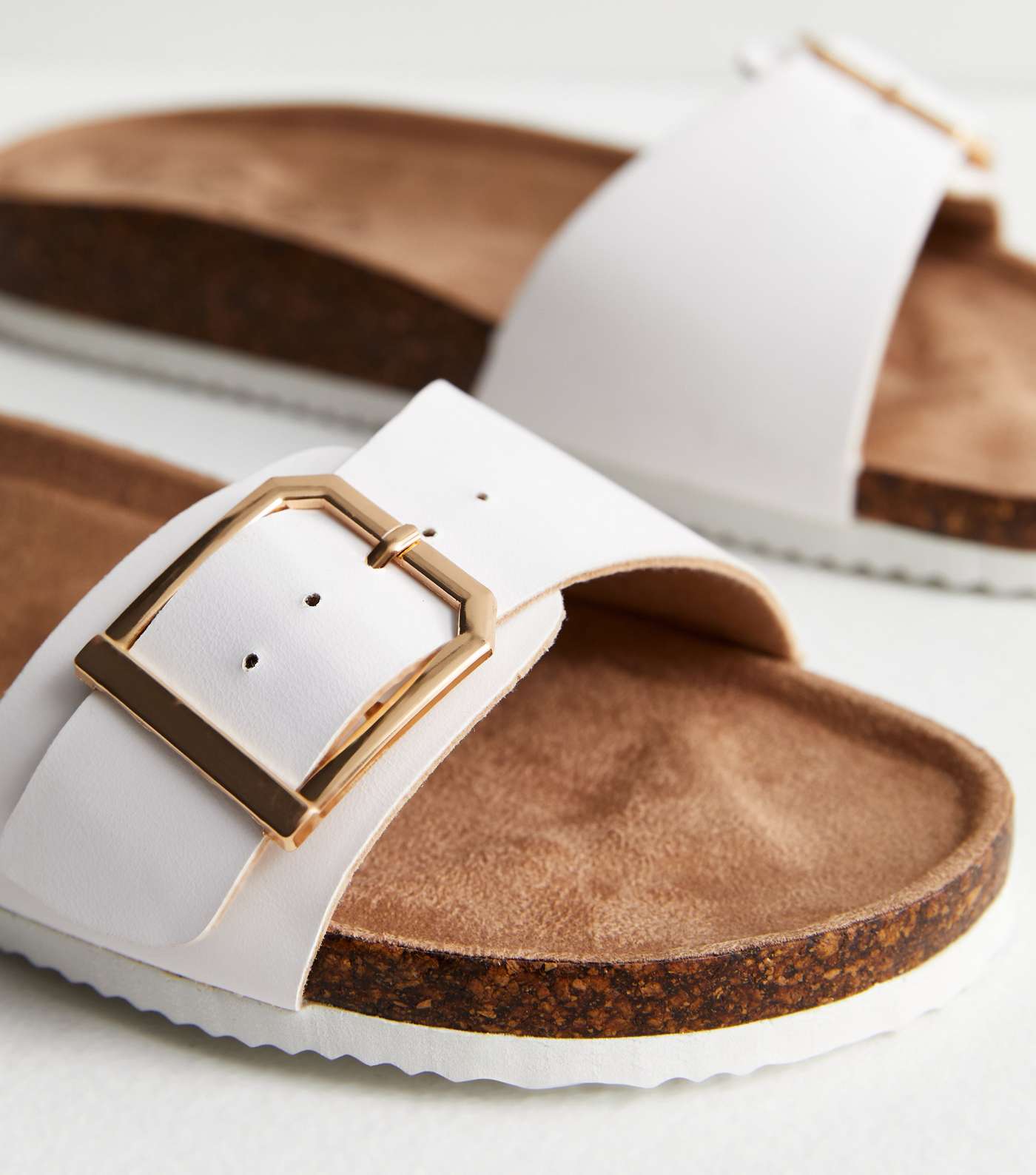 Wide Fit White Leather-Look Buckle Sliders Image 5