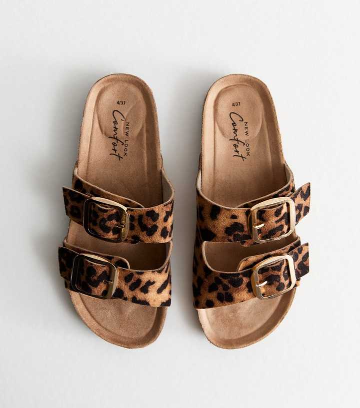 Leopard-Print Suedette Buckle-Strap Sliders