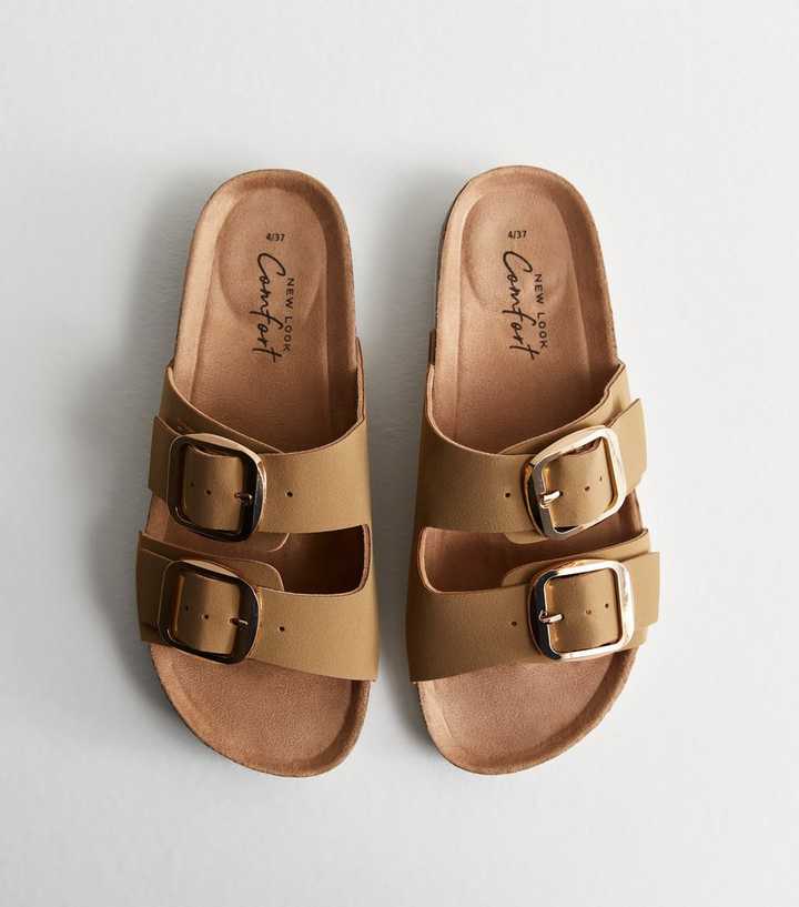 Camel Suedette Buckle-Strap Sliders