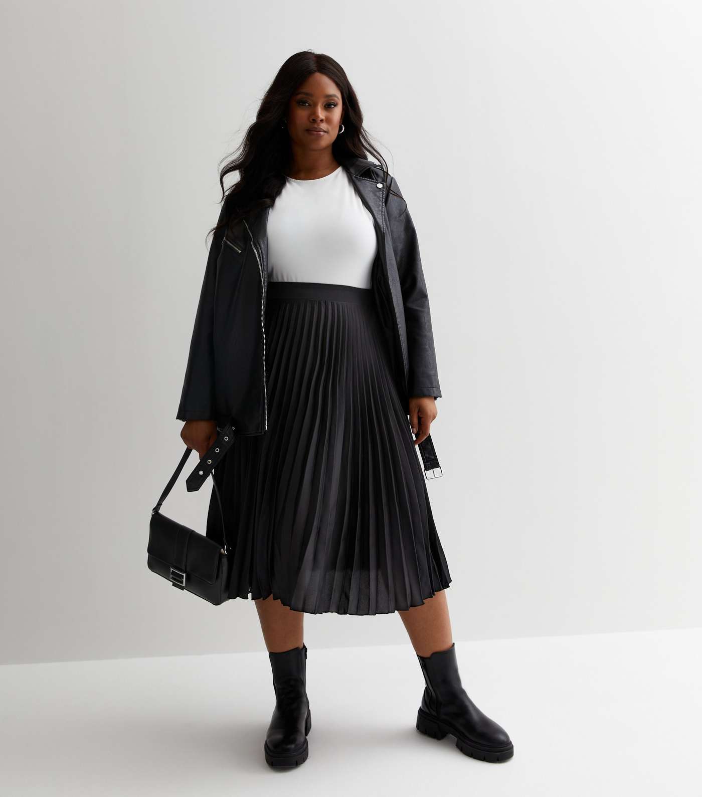 Curves Black Satin Pleated Midi Skirt Image 3