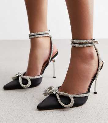 Public Desire Wide Fit Black Diamanté Bow Stiletto Heel Court Shoes