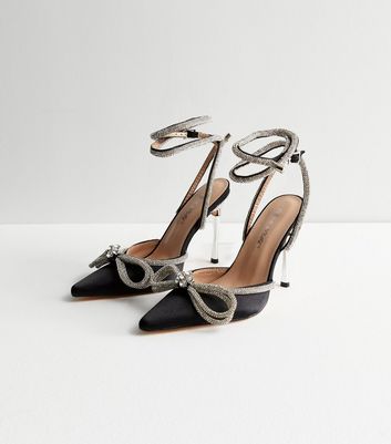 Public Desire Wide Fit Black Diamante Bow Stiletto Heel Court Shoes New Look