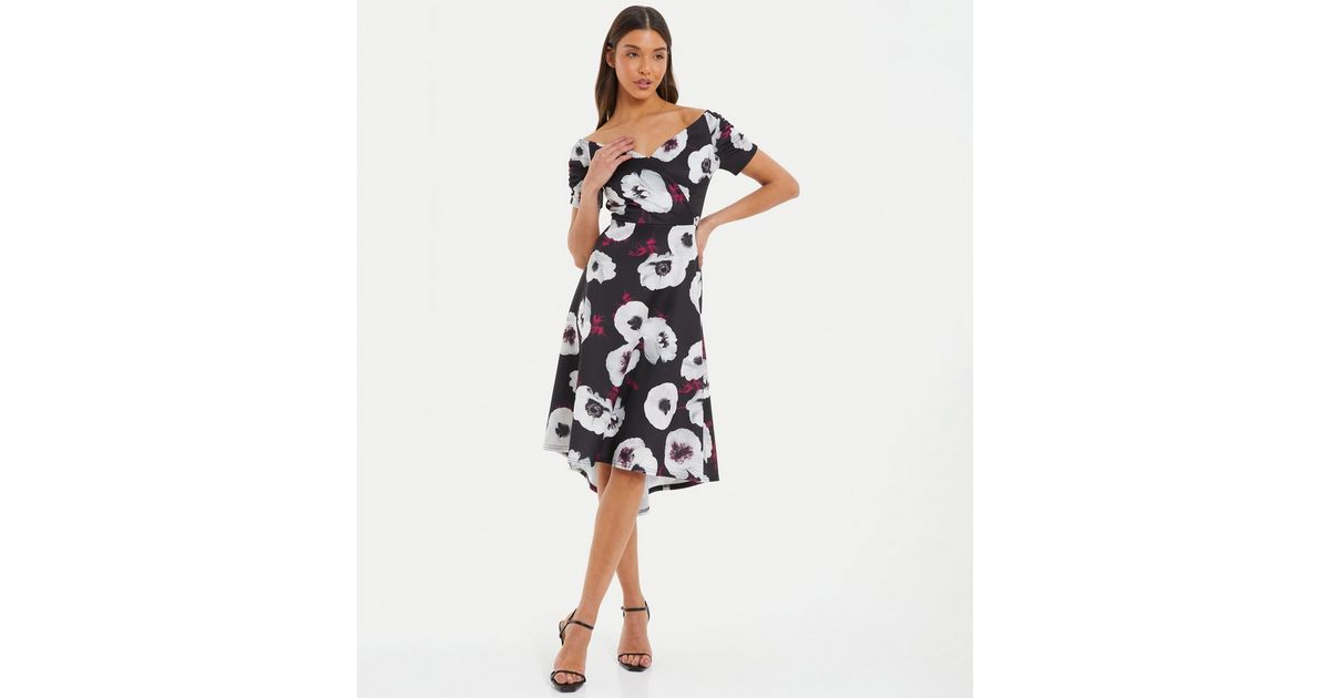 QUIZ Black Floral Bardot Midi Dress New Look