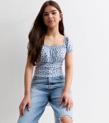 Girls Blue Ditsy Print Puff Sleeve Top New Look
