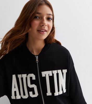 Girls Black Austin Logo Bomber Jacket New Look