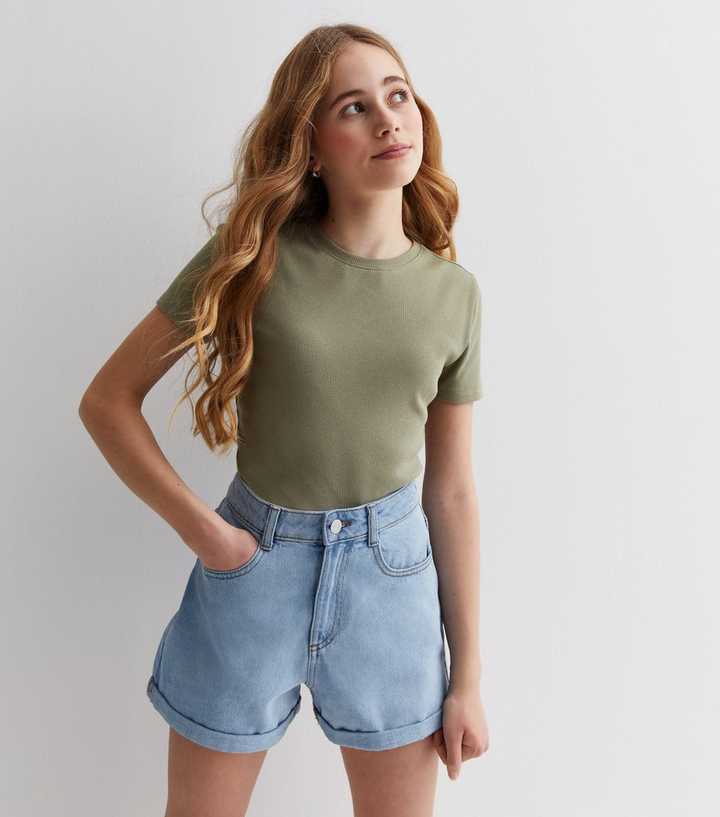 Girls Olive Ribbed Crew Neck T-Shirt